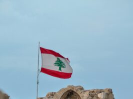 This is a photo of a Lebanon flag in the distance.