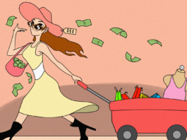 A woman wearing a yellow dress and black boots is confidently strutting as money is flying out of her purse. She is pulling a red cart full of shopping bags and a mannequin torso.