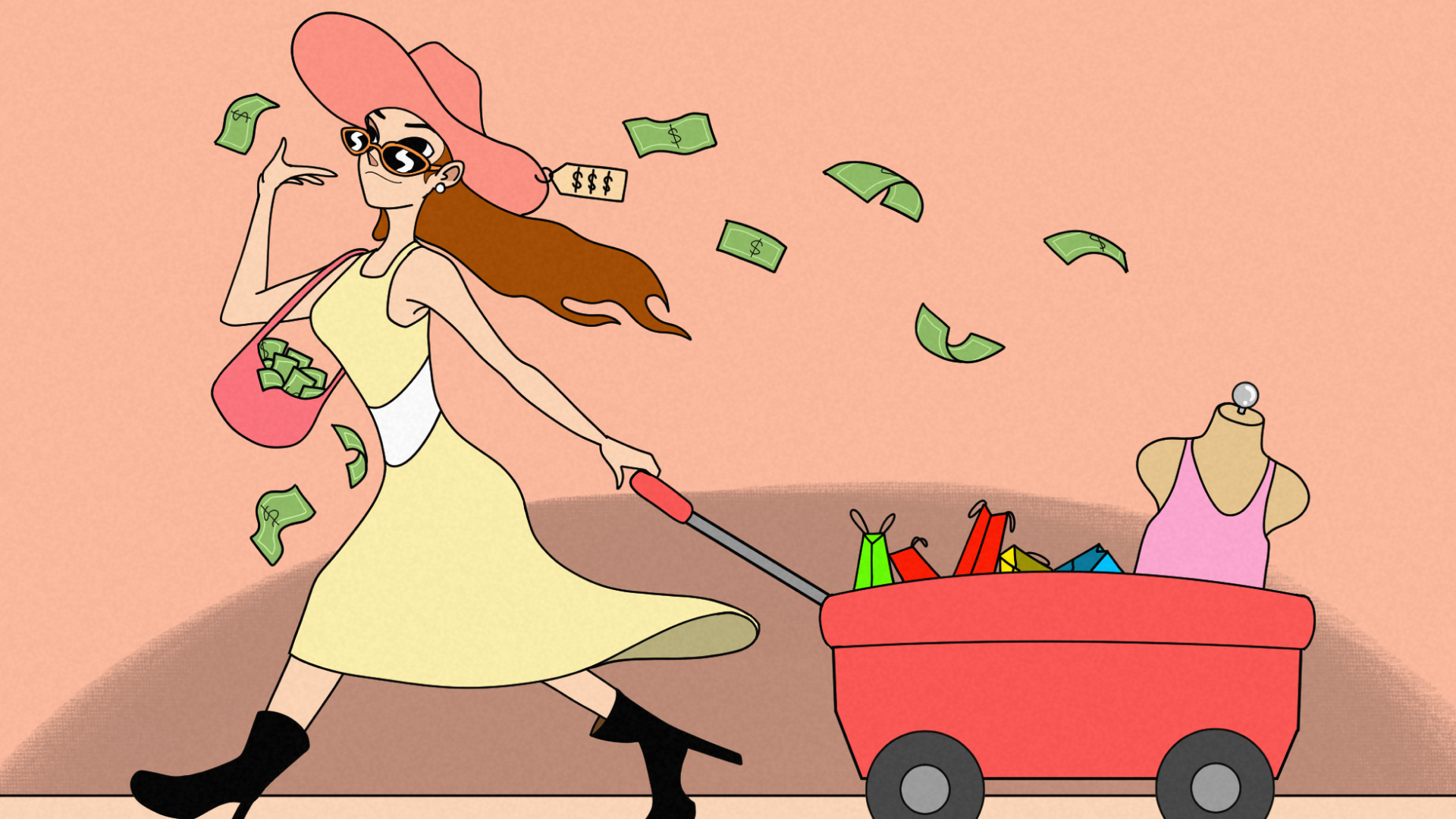 A woman wearing a yellow dress and black boots is confidently strutting as money is flying out of her purse. She is pulling a red cart full of shopping bags and a mannequin torso.