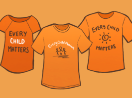 Illustration. Three orange shirts that say every child matters.