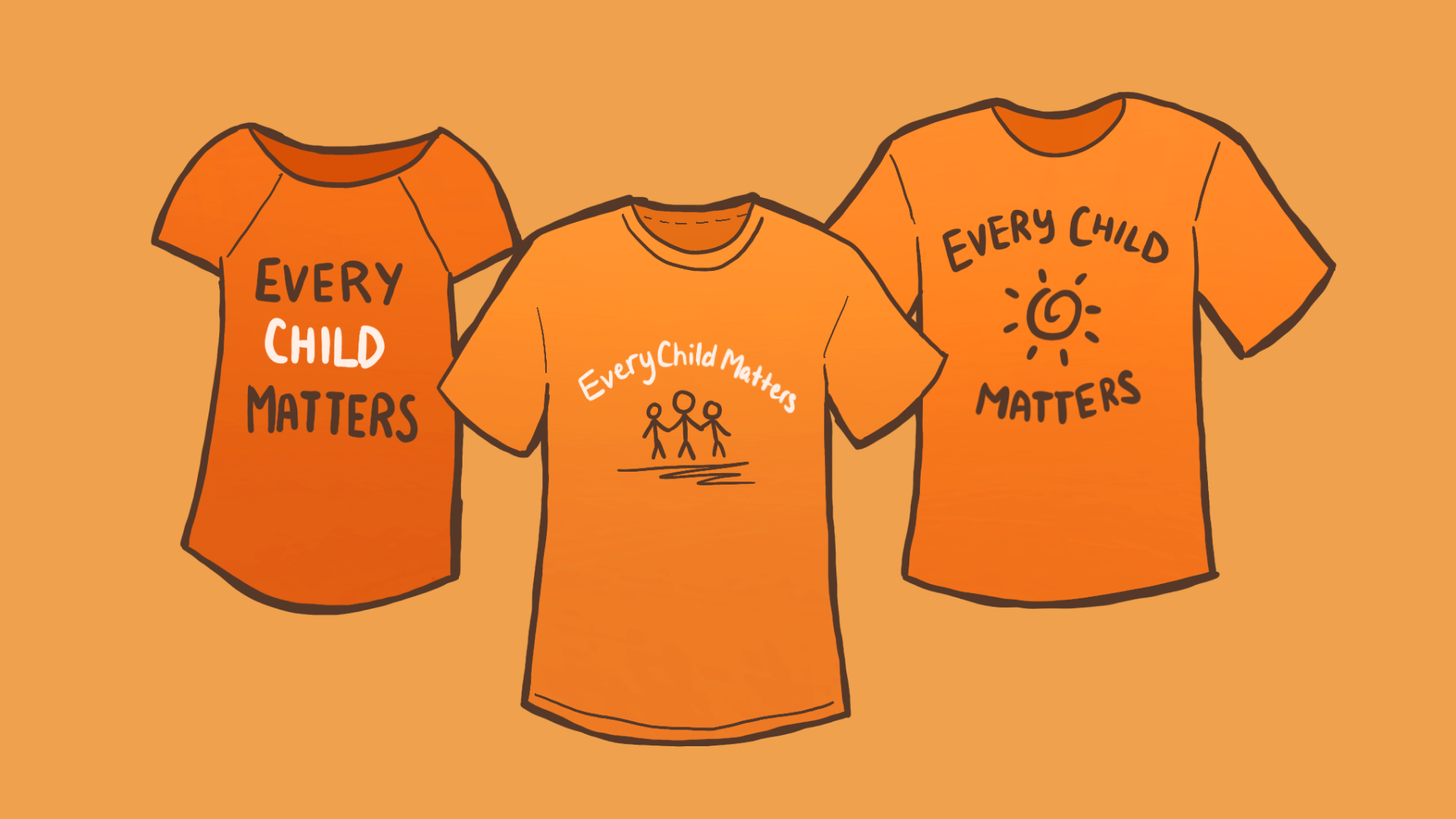 Illustration. Three orange shirts that say every child matters.