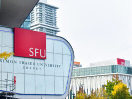 The side of a building holds a red sign reading ‘SFU’. Below it are the words “Simon Fraser University” and Surrey. The tops of tall condominiums are shown in the background.