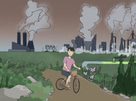 Illustration of a biker on a path. In the background is what appears to be an industrial plant releasing smoke into the skies.