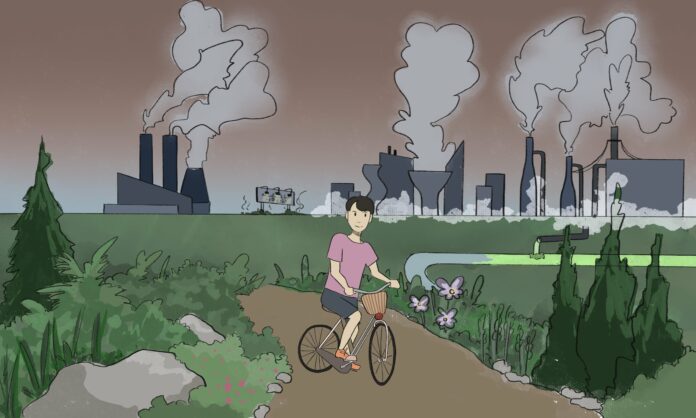 Illustration of a biker on a path. In the background is what appears to be an industrial plant releasing smoke into the skies.