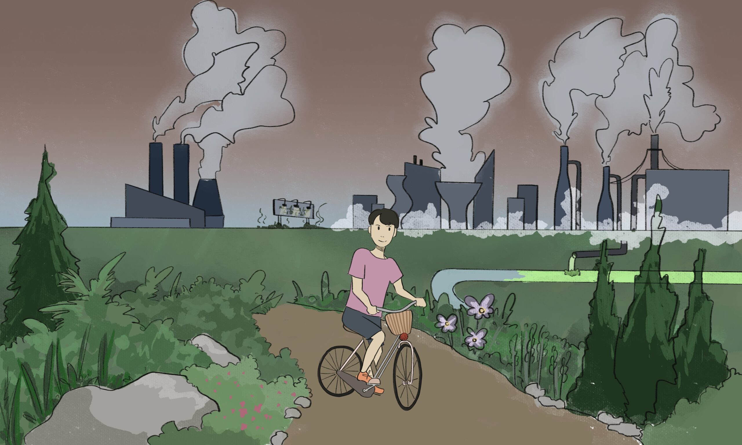 Illustration of a biker on a path. In the background is what appears to be an industrial plant releasing smoke into the skies.