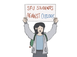 Student wearing a grey sweatshirt and green backpack holding up a sign that reads: “SFU Students Against Outlook.”