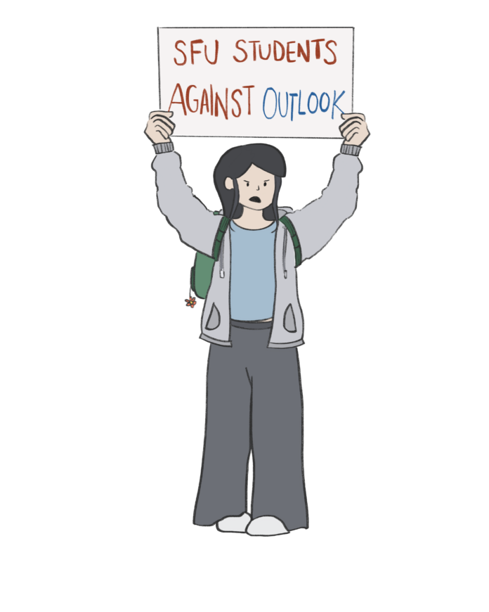 Student wearing a grey sweatshirt and green backpack holding up a sign that reads: “SFU Students Against Outlook.”