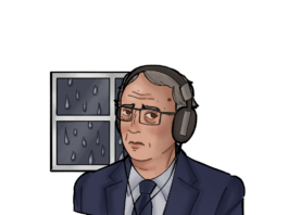 John Rustad sadly listening to music in front of a window. It is raining outside.