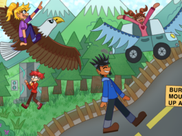 Brightly coloured illustration of the road going up Burnaby Mountain. One student is riding an eagle up the mountain. Another student is riding in a flying car. A third student is walking up the mountain and the last student is going towards a secret elevator hidden in the forest.