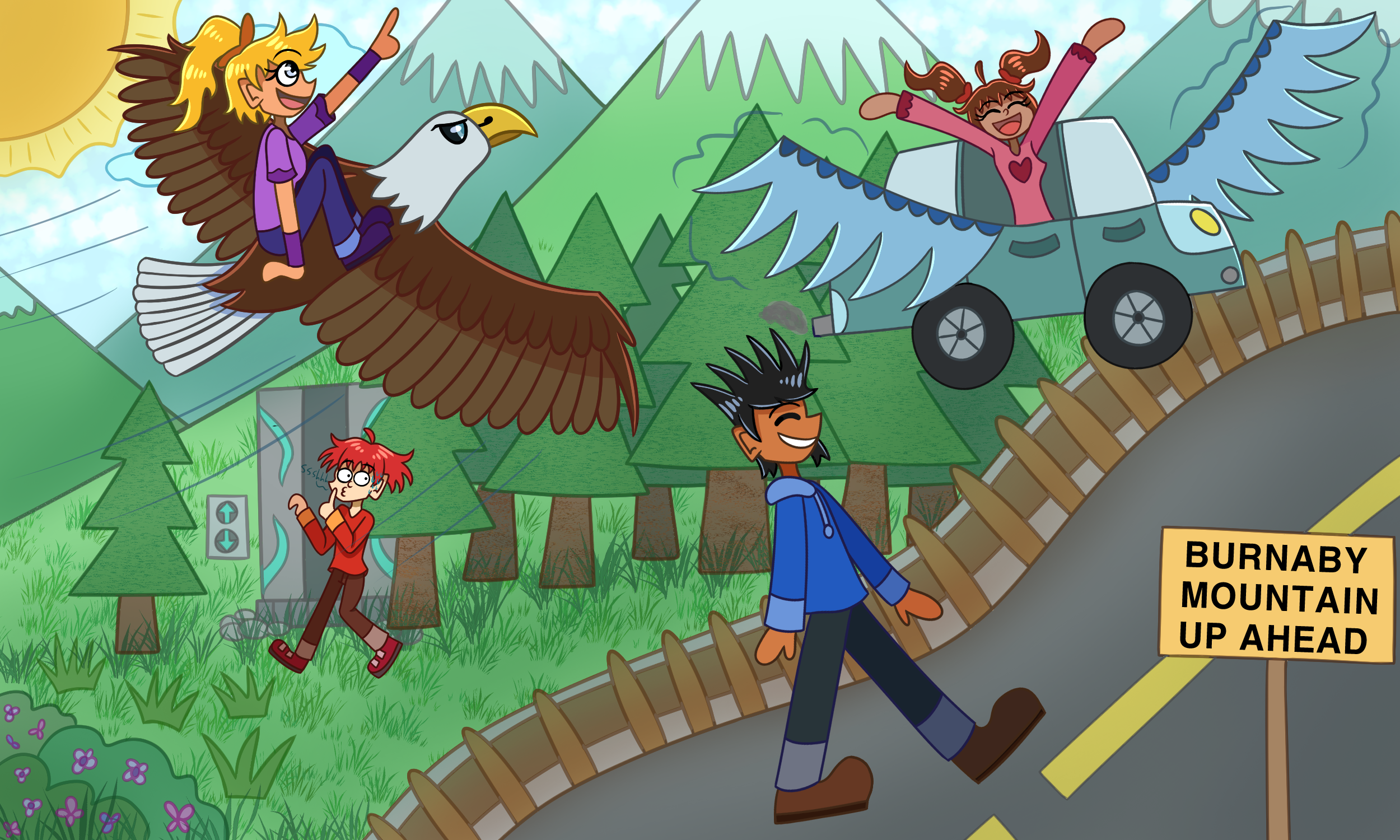 Brightly coloured illustration of the road going up Burnaby Mountain. One student is riding an eagle up the mountain. Another student is riding in a flying car. A third student is walking up the mountain and the last student is going towards a secret elevator hidden in the forest.