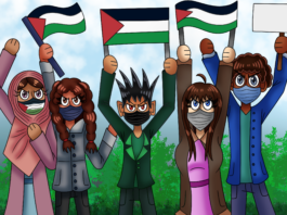 Illustration of a group of people in masks holding Palestine flags