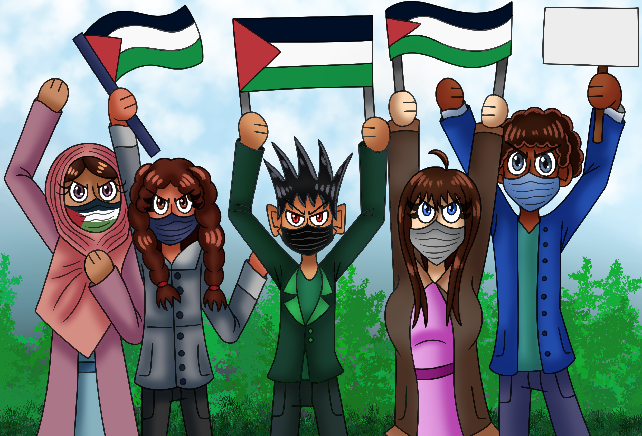 Illustration of a group of people in masks holding Palestine flags