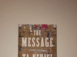 A brown book with a scrapbook-looking design (words written all over, patches of red, black, blue, and white). 'The message' is written in white.