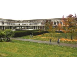 This is the outside of the Academic Quadrangle at SFU in the fall.