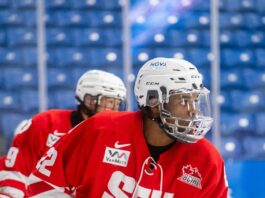 A close-up of a player in a red hockey jersey with the words “SFU” written in white.