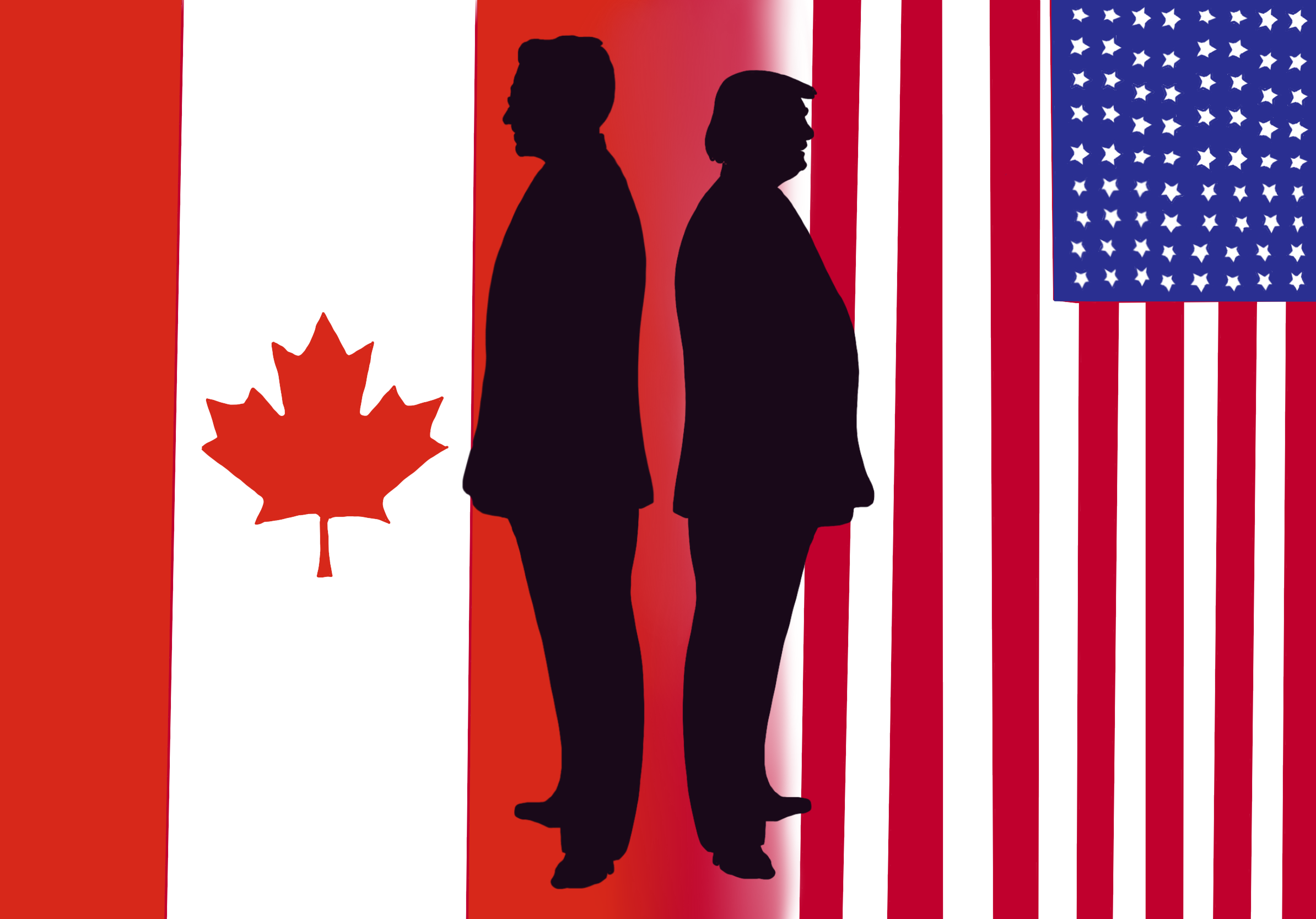 Digital vector art. Donald Trump and Pierre Poilievre standing side-by-side, their backs to each other. Behind Trump is the US flag, and behind Poilievre is the Canadian flag.