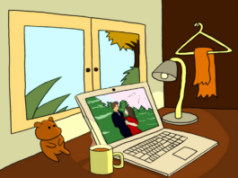 Illustration of a laptop and cup of hot chocolate on a desk in front of a window. Outside the window is green and yellow-orange foliage.