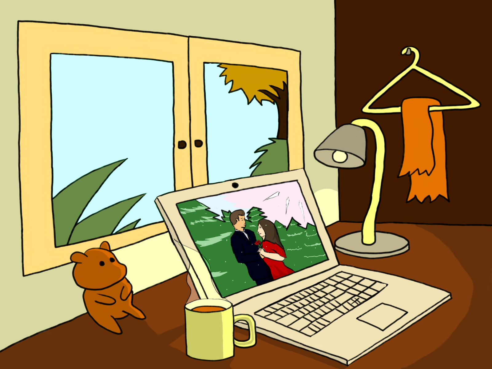 Illustration of a laptop and cup of hot chocolate on a desk in front of a window. Outside the window is green and yellow-orange foliage.