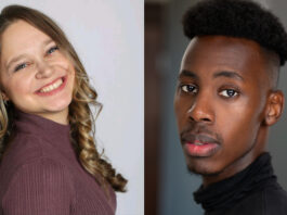 Left: A white woman looking over her shoulder smiling at the camera. Right: A black man in a turtleneck looking at the camera.