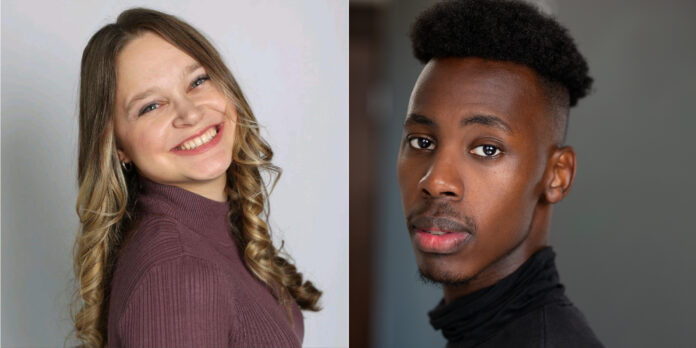Left: A white woman looking over her shoulder smiling at the camera. Right: A black man in a turtleneck looking at the camera.