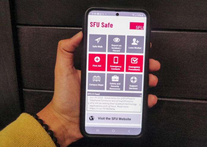 sfu-safe-app This is a photo of the main page of the SFU Safe app open on someone’s phone.