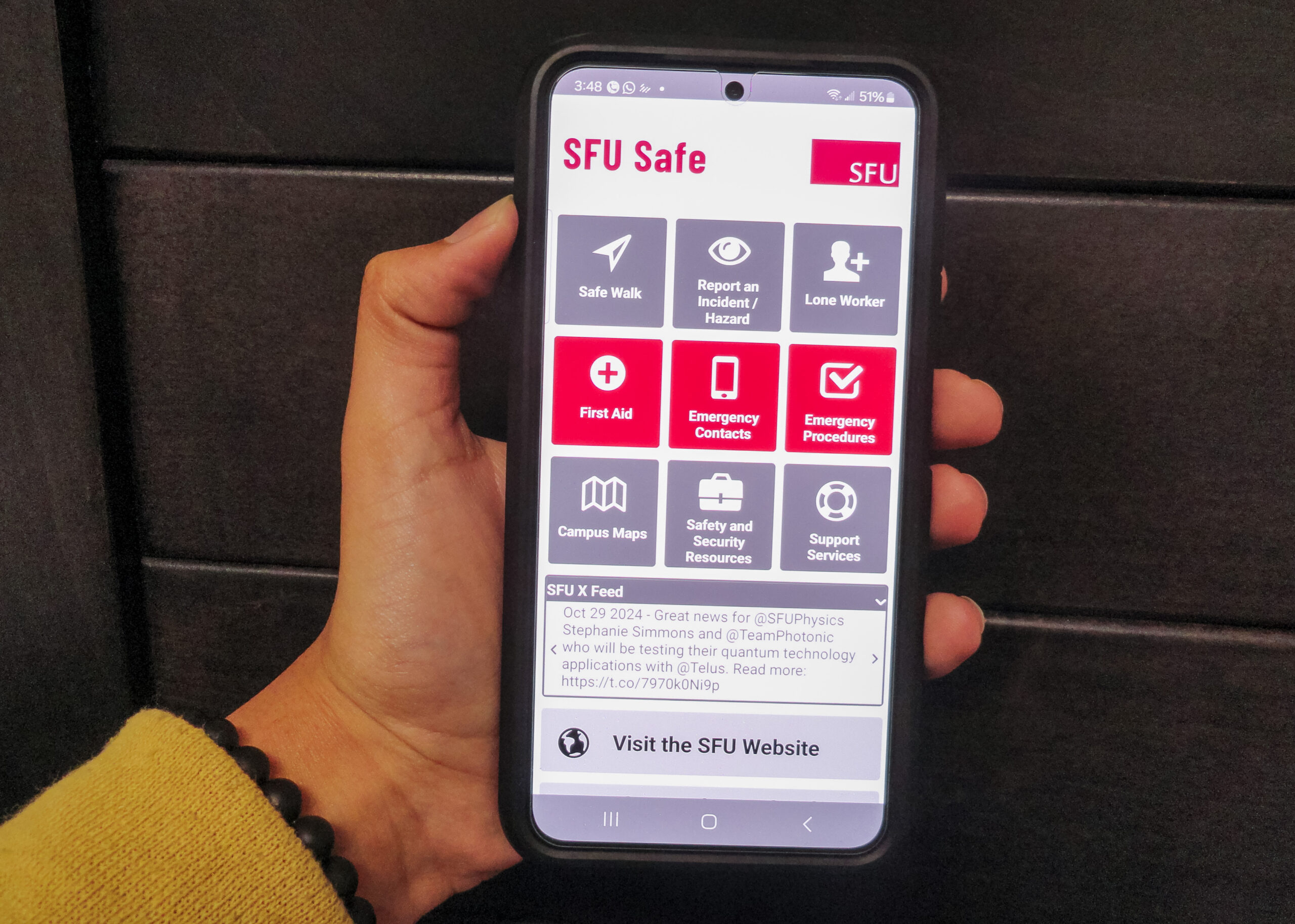 This is a photo of the main page of the SFU Safe app open on someone’s phone.