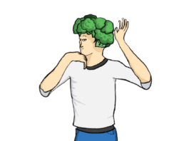 A person wearing blue jeans and a white shirt. They have broccoli on their head instead of hair.