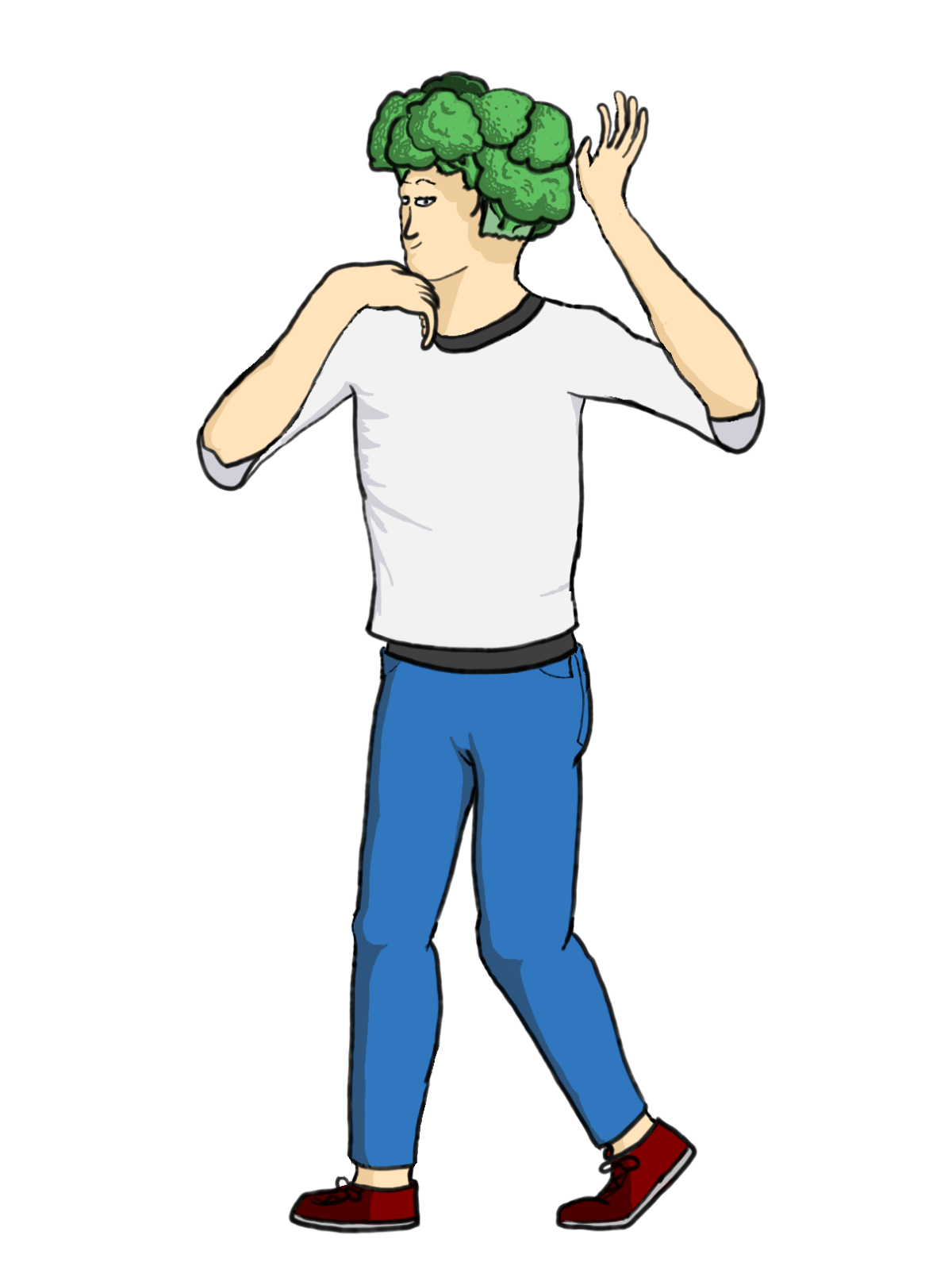 A person wearing blue jeans and a white shirt. They have broccoli on their head instead of hair.