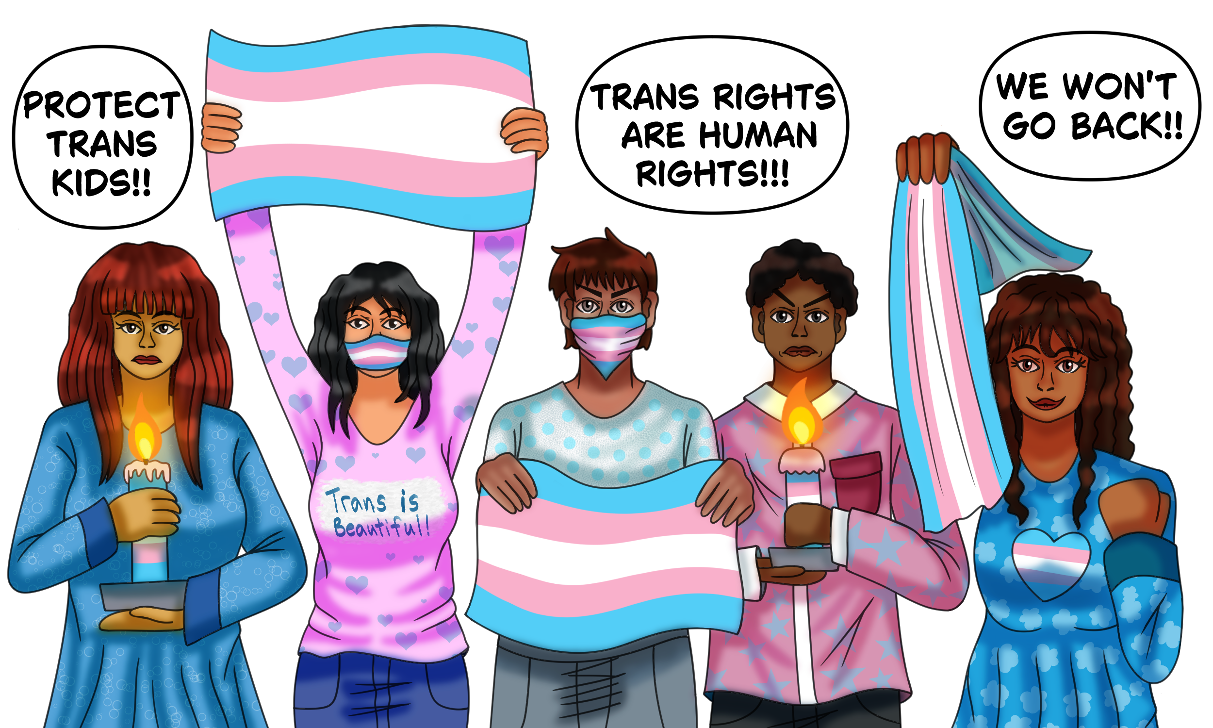 A group of people holding the trans flag and candles with messages of support for the trans community.