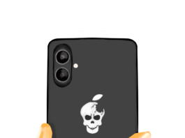 Illustration of a hand holding an iPhone. A white skull replaces the Apple logo on the back of the phone.