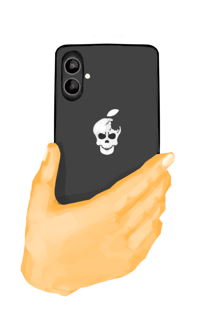 Illustration of a hand holding an iPhone. A white skull replaces the Apple logo on the back of the phone.