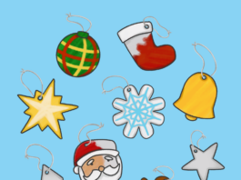 Ornaments of Santa, snowflakes, stars, stockings, bells, and gingerbread against a light blue background.