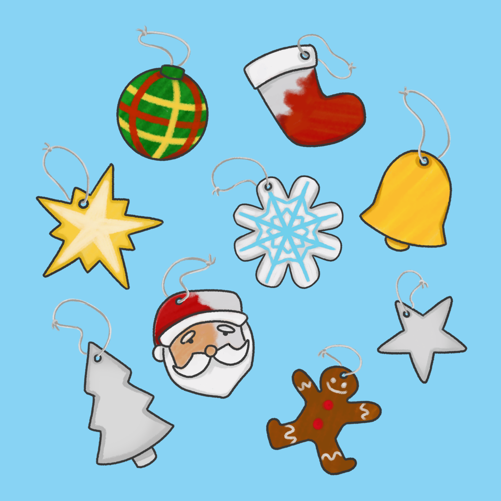 Ornaments of Santa, snowflakes, stars, stockings, bells, and gingerbread against a light blue background.