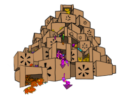 A pile of boxes containing different Diwali-related objects such as flowers, and colored animals.