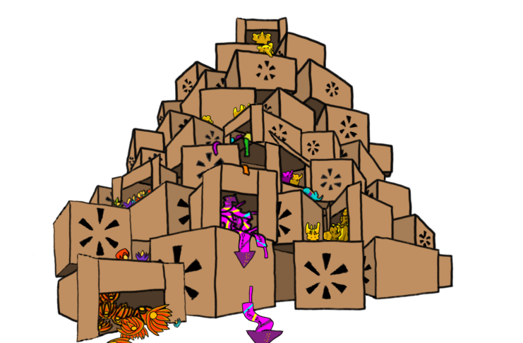 A pile of boxes containing different Diwali-related objects such as flowers, and colored animals.