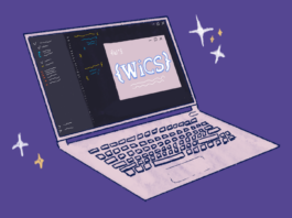 An illustration of a laptop open with a pink pop-up window that says WiCS. The background is purple with sparkles.