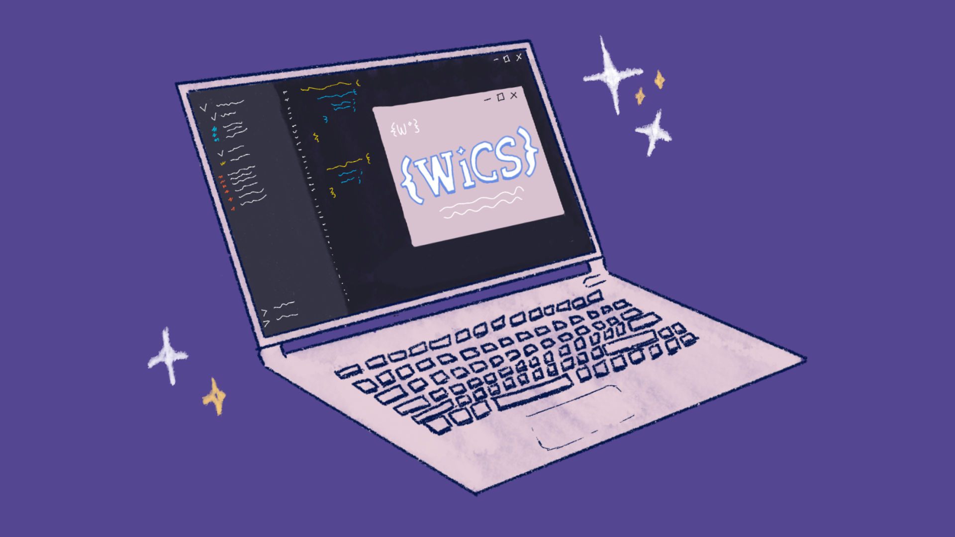 An illustration of a laptop open with a pink pop-up window that says WiCS. The background is purple with sparkles.