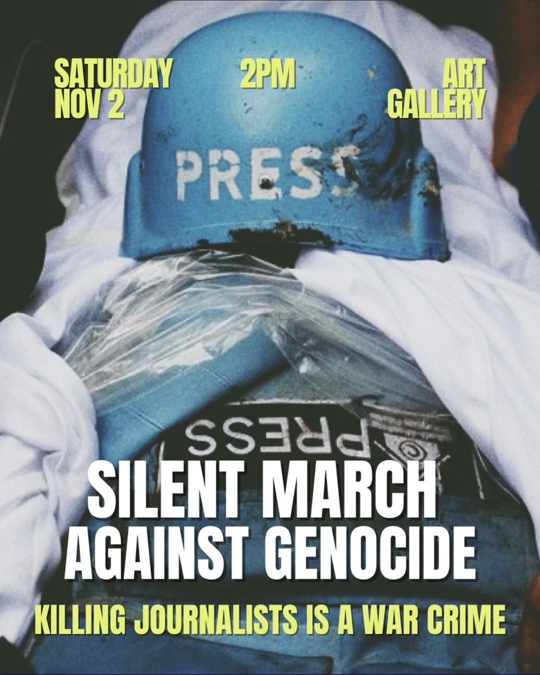 This is a social media graphic reading SILENT MARCH AGAINST GENOCIDE showing a blue press jacket and helmet.