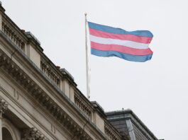 This is a photo of a large transgender flag waving in the air.