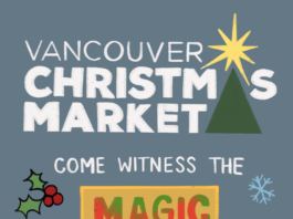 Poster advertising the Vancouver Christmas Market. It says “Come witness the magic of the market! (Definitely not a tourist trap) (Definitely worth the money).”