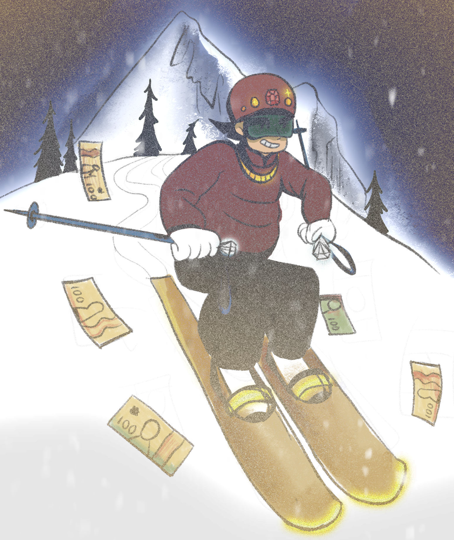 Person skiing down a mountain wearing a red coat and helmet and golden skis. Their ski gear is covered in expensive gemstones and there are $100 bills all around them.