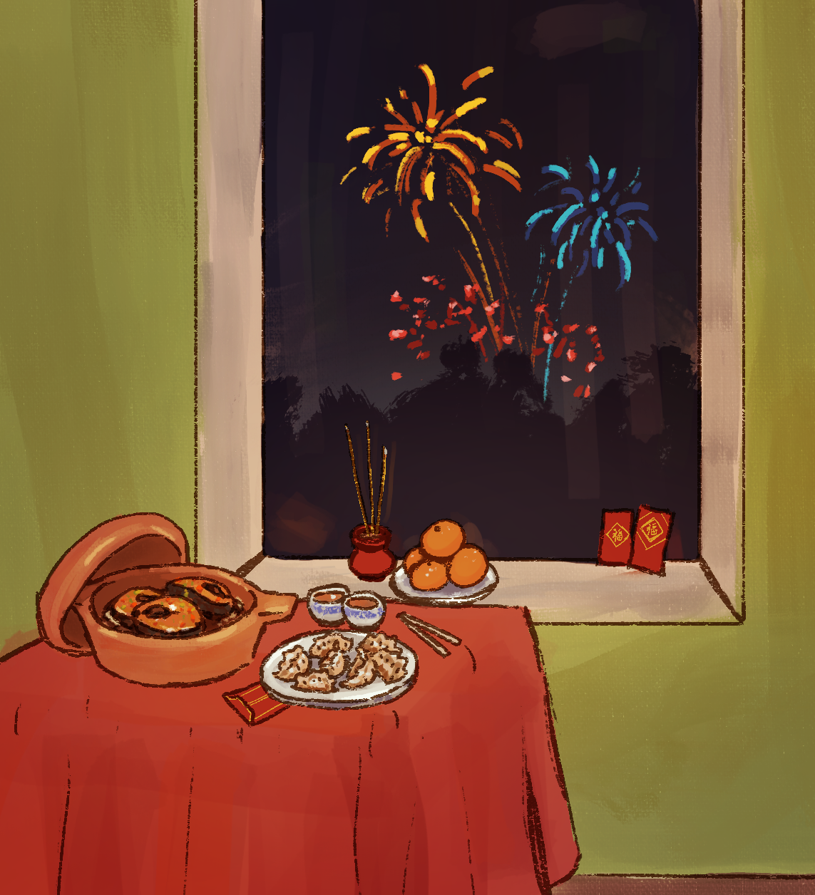 A table with claypot fish and rice, a plate of dumplings, a plate of oranges, incense, and red envelopes. Outside a nearby window, fireworks light up the night sky.
