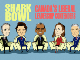 Poster for the fictional show "Shark Bowl — Canada’s Liberal Leadership Contenders." Mark Carney, Justin Trudeau, Chandra Arya, Chrystia Freeland, and Frank Baylis are sitting in chairs.