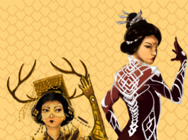 An East-Asian woman shown twice in two different costumes: to the left is a golden set of battle armour and a royal headdress, while the right is a burgundy dress with silver web-like designs near the torso. In the background are golden dragon-like scales.