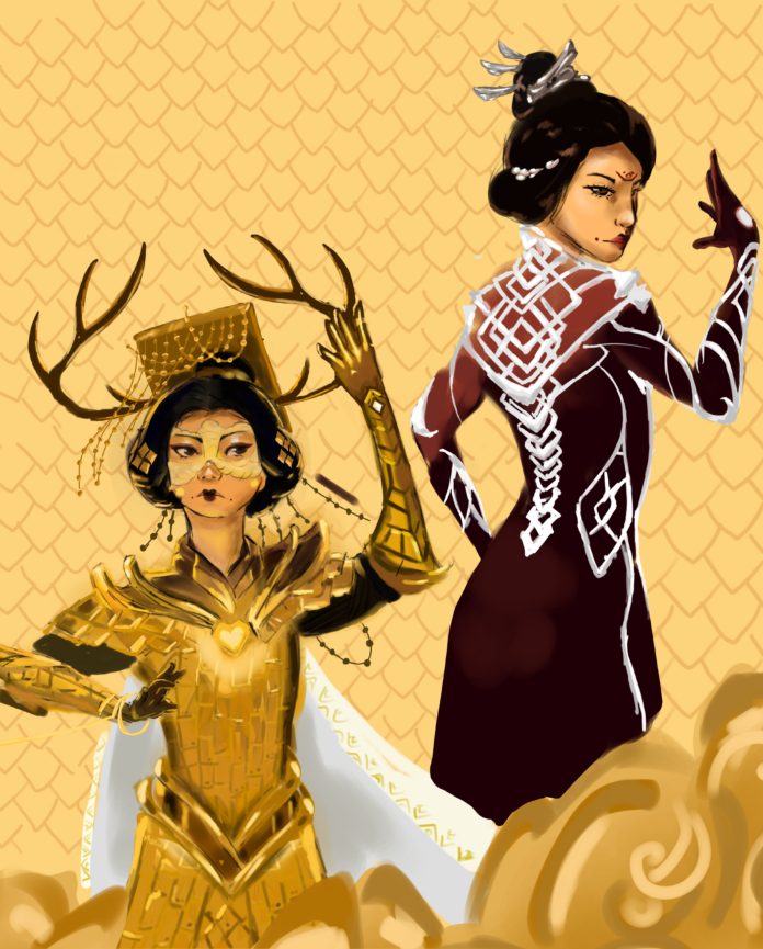 IronWallReviewInterview -Winnie Shen An East-Asian woman shown twice in two different costumes: to the left is a golden set of battle armour and a royal headdress, while the right is a burgundy dress with silver web-like designs near the torso. In the background are golden dragon-like scales.