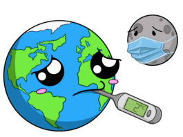 This is an illustration of a sad planet Earth with a thermometer in its mouth, which reads “2 degrees C”. Earth is accompanied by the moon wearing a mask.