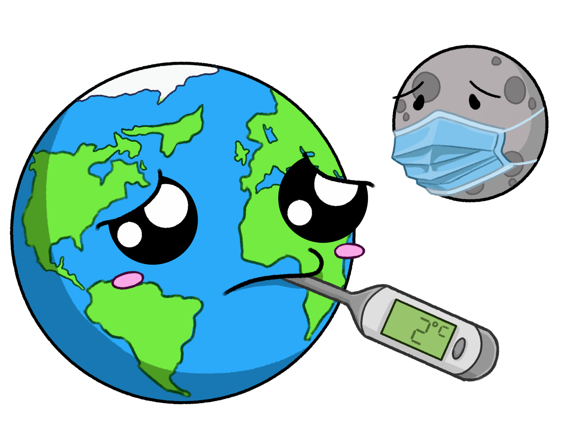 This is an illustration of a sad planet Earth with a thermometer in its mouth, which reads “2 degrees C”. Earth is accompanied by the moon wearing a mask.