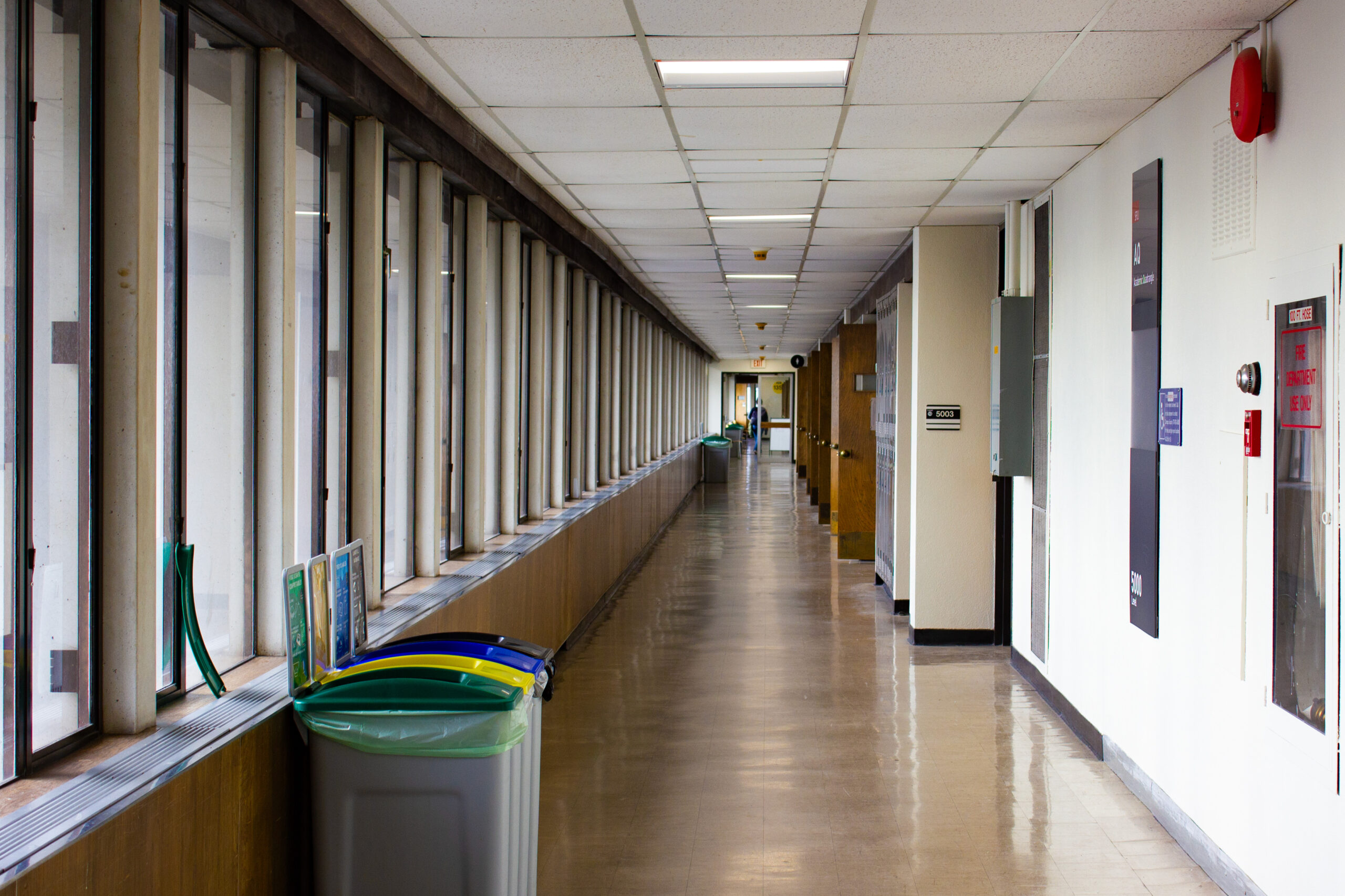 This is a photo of one of the inside halls of the upper 5000-level of the academic quadrangle at SFU.