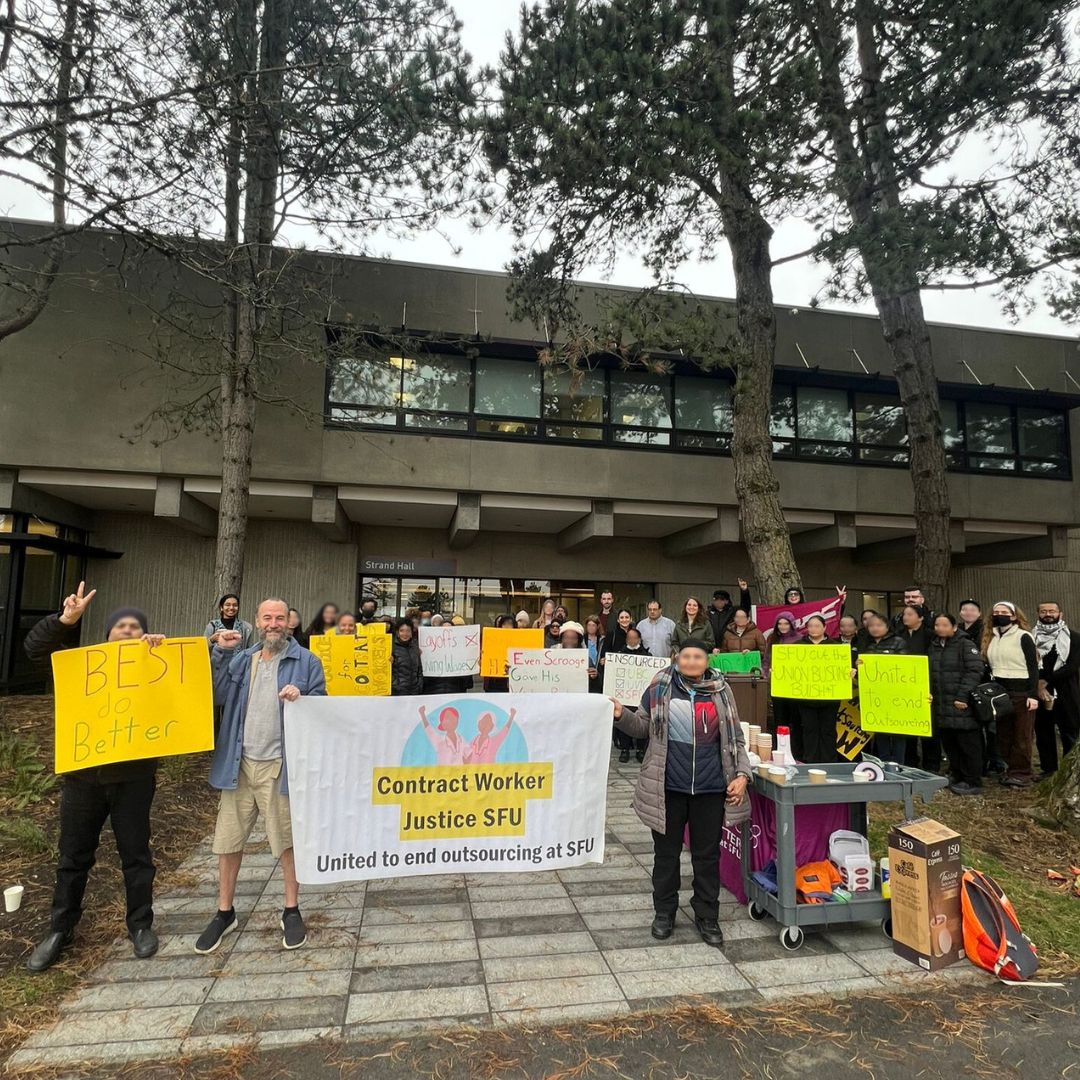 This is a photo of many custodial and food workers as well as Contract Worker Justice advocates rallying outside at SFU.