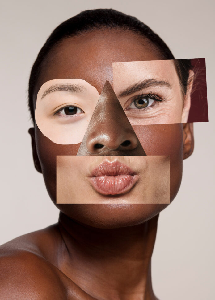 This is a collage of different people’s facial features all pasted together to form one face.